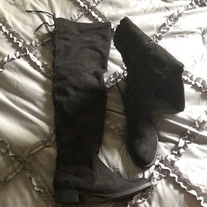 Black thigh high lace up (back) boots in suede